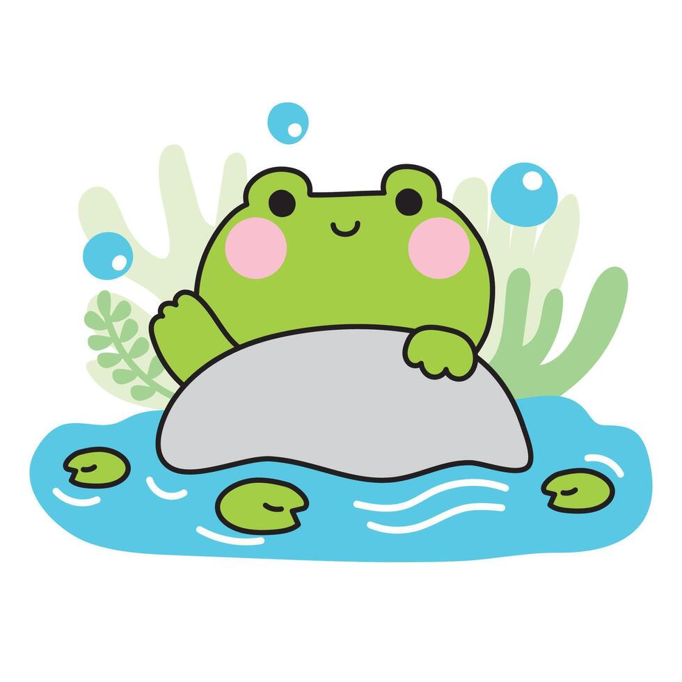 Cute frog smile greeting stay on stone river.Nature.Leaf.Reptile animal character cartoon design.Kawaii.Illustration. vector