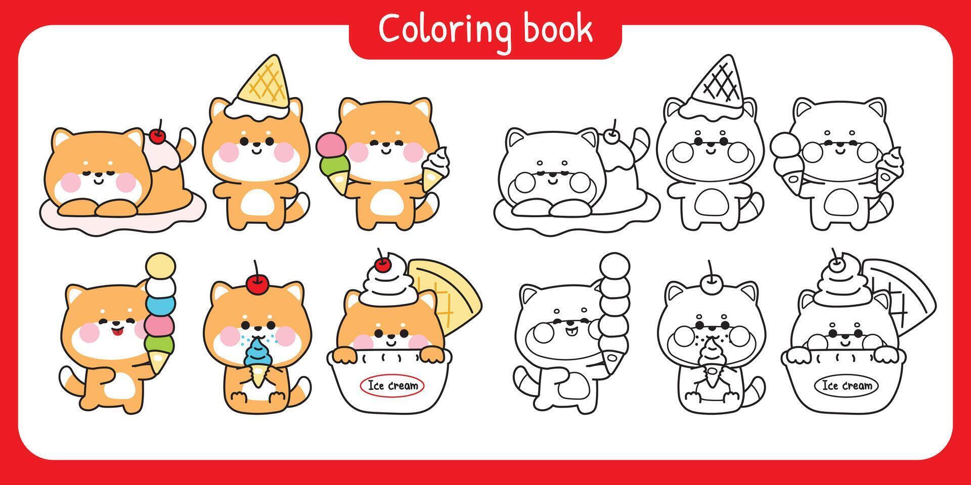 Coloring book.Set of cute shiba inu dog with cherry ice cream cone various poses and feeling.Japanese pet animal character cartoon.Dessert.Sweet.Kawaii.Illustration. vector