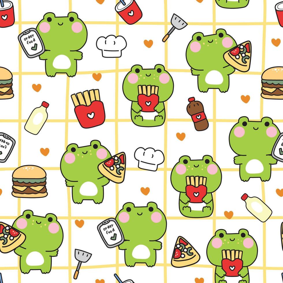 Seamless pattern of cute frog various poses with icon background.Pizza,hamburger,mayo,fresh fried.Fastfood.Reptile animal character cartoon design.Kawaii.Illustration. vector