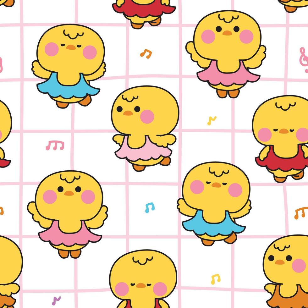 Seamless pattern of cute chicken wear ballet suit in various poses dancing background.Note music.Hen.Duck.Farm bird animal character cartoon design.Kawaii.Illustration. vector