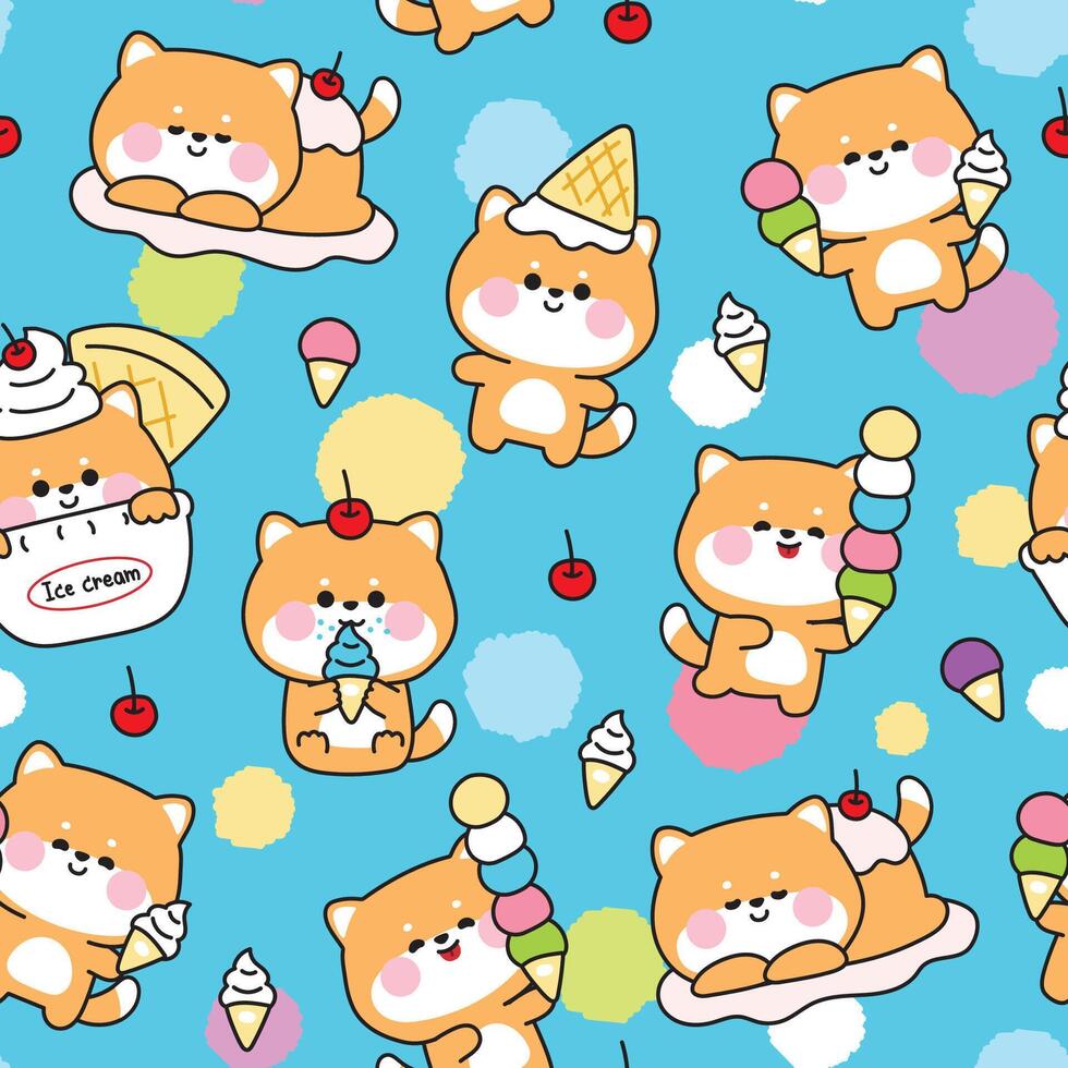 Seamless pattern of cute shiba inu dog with cherry ice cream cone various poses and feeling background.Japanese pet animal character cartoon.Dessert.Sweet.Kawaii.Illustration. vector
