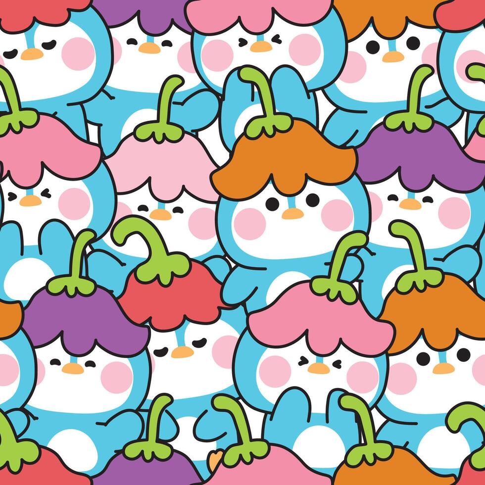 Repeat.Seamless pattern of cute penguin wear flower hat in various poses and feeling background.Floral.Nature.Polar bird animal character cartoon design.Kawaii.Illustration. vector