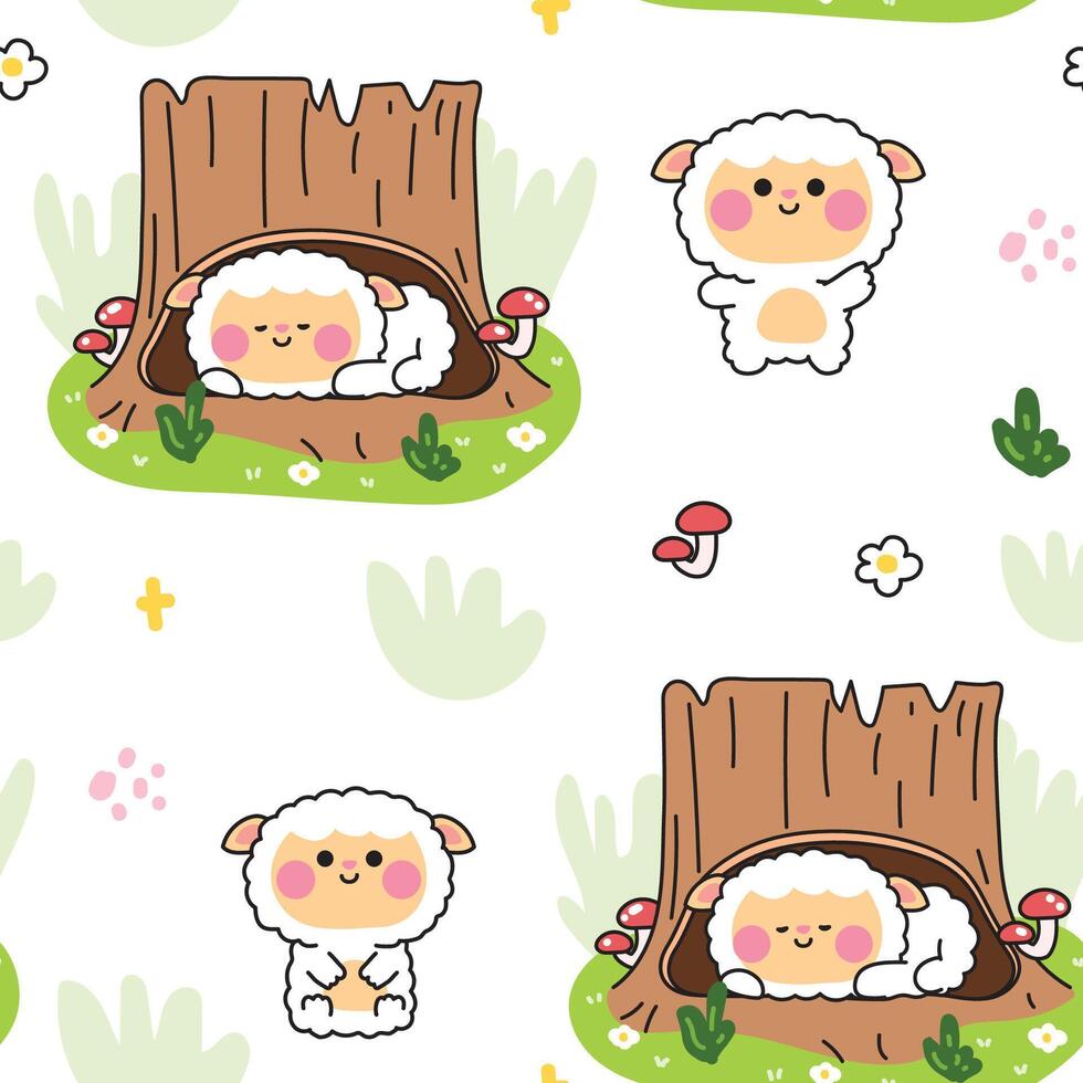 Seamless pattern of cute sheep smile sleep in cavity tree white background.Farm animal character cartoon design.Jungle.Mushroom,flower,leaf,grass.Kawaii.Illustration vector