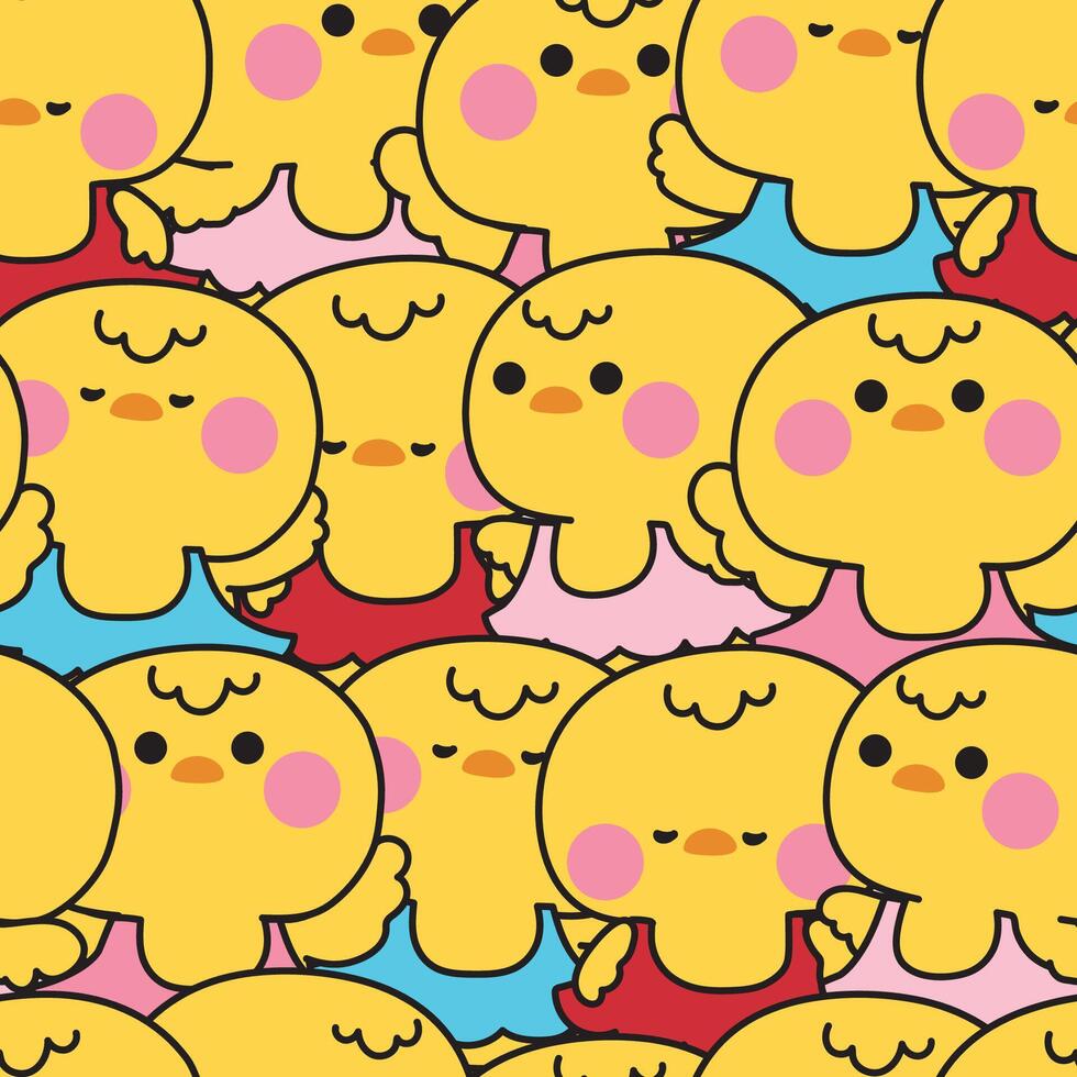Repeat.Seamless pattern of cute chicken wear ballet suit in various poses dancing background.Music.Hen.Duck.Farm bird animal character cartoon design.Kawaii.Illustration. vector