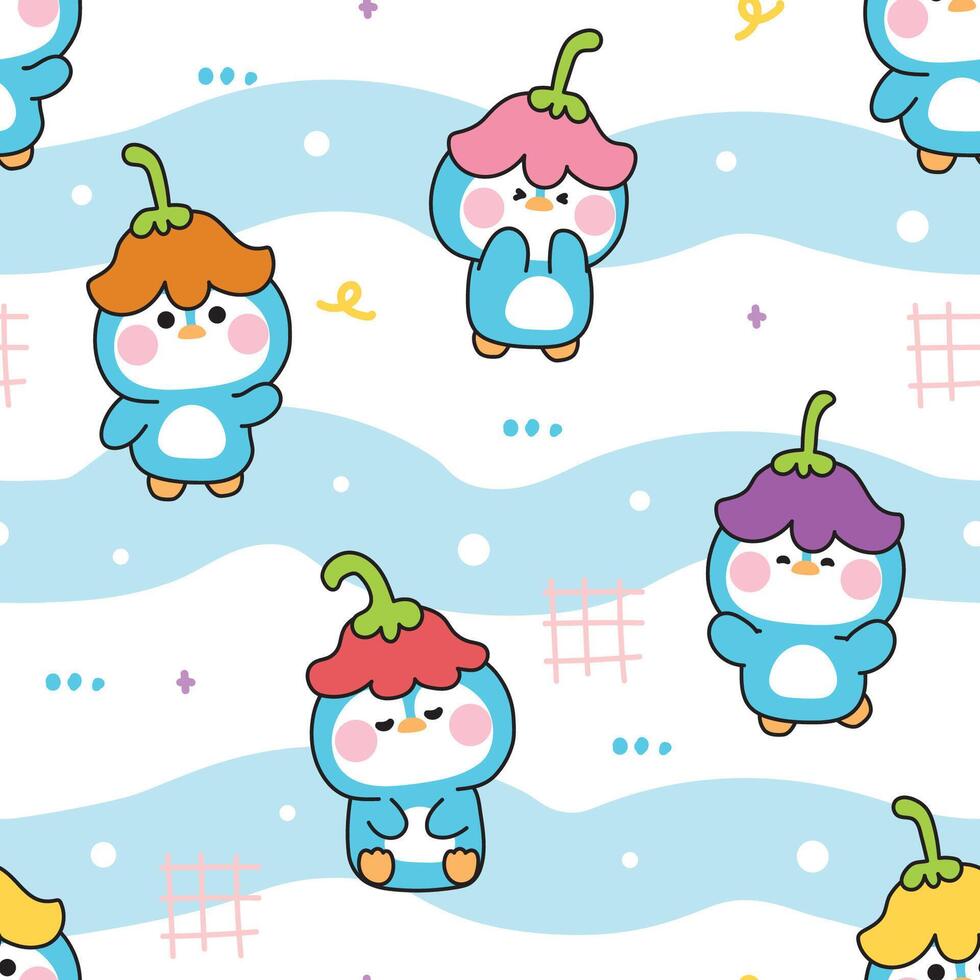 Seamless pattern of cute penguin wear flower hat in various poses and feeling background.Floral.Nature.Polar bird animal character cartoon design.Kawaii.Illustration. vector