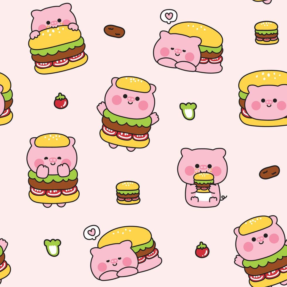 Seamless pattern of cute pig in hamburger costume various poses and feeling background.Fastfood.Eating.Farm animal character cartoon.Tomato,vegetable,meat.Kawaii.Illustration. vector
