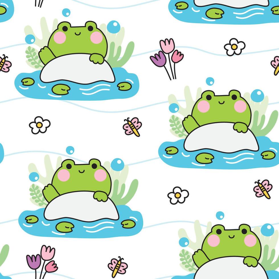 Seamless pattern of cute frog smile greeting stay on stone river background.Nature.Leaf and flower.Reptile animal character cartoon design.Kawaii.Illustration. vector