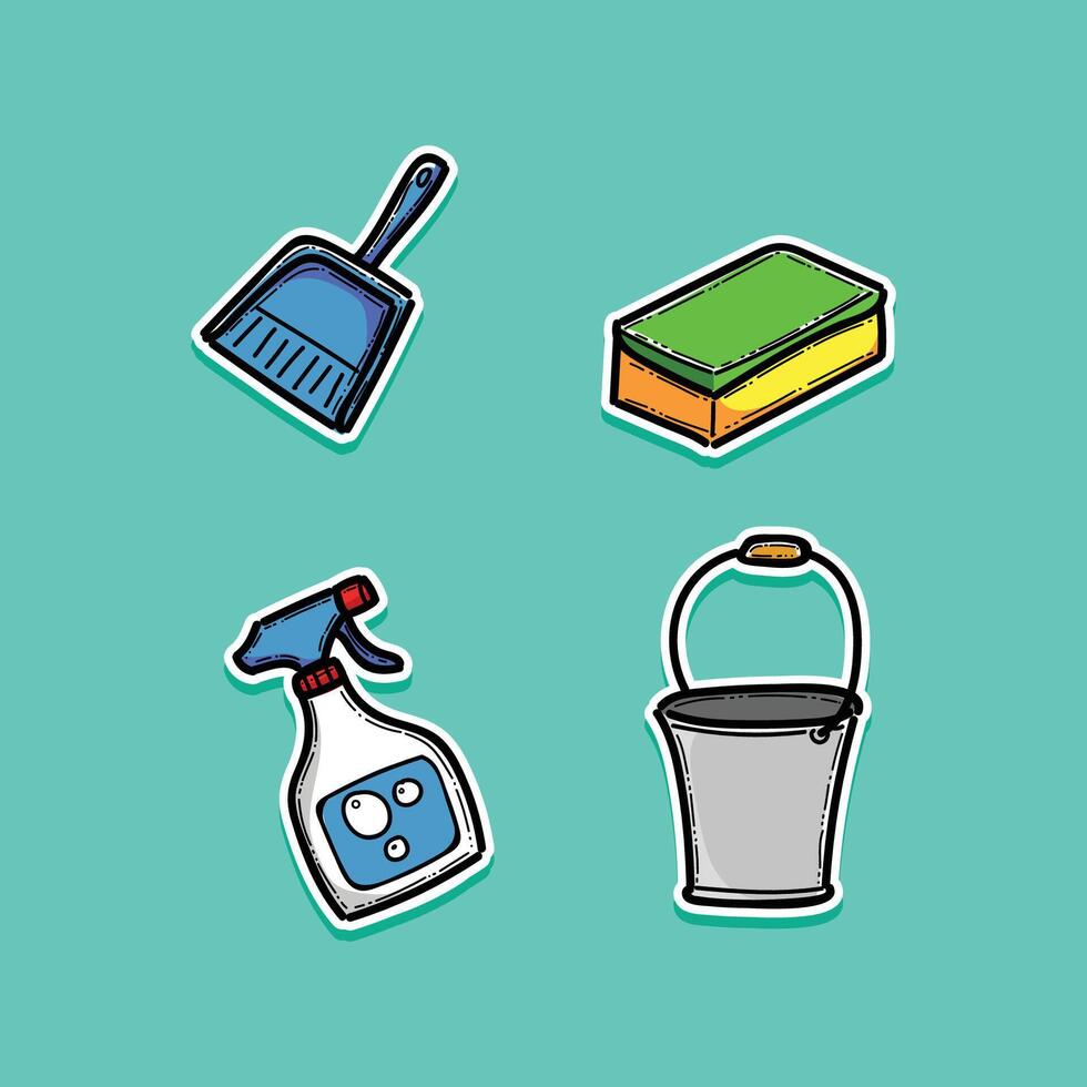Colorful illustration of cleaning tools including a bucket, sponge, sprayer, and dustpan displayed on a vibrant green background. vector
