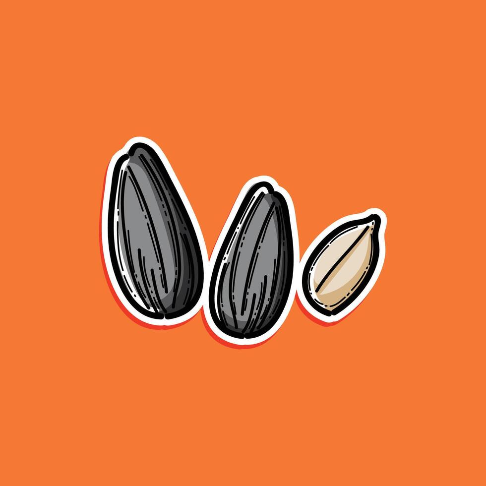 Illustration of black sunflower seeds and one peeled seed on a bold orange background. Perfect for concepts of food, nutrition, and design. vector