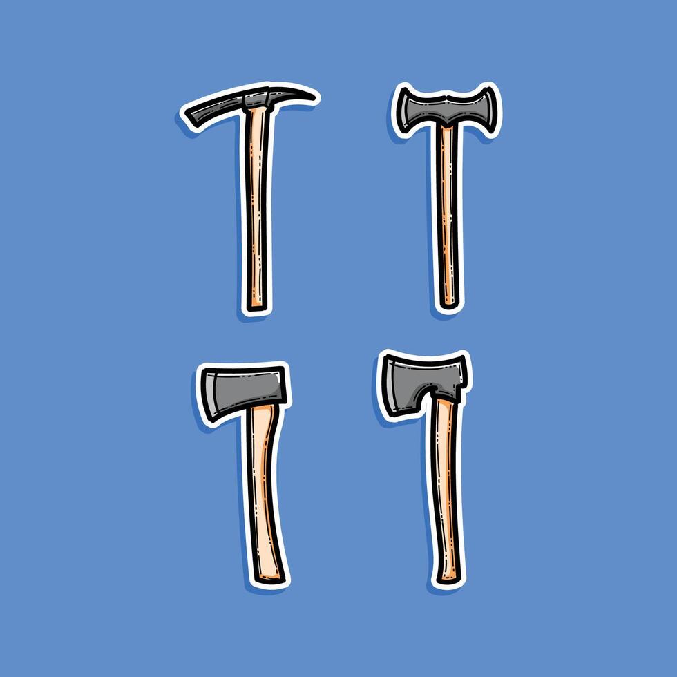 Illustration showcasing distinct designs of cartoon-style axe and pick tools on a vibrant blue background. Perfect for graphic design projects, tool icons, or educational visuals. vector