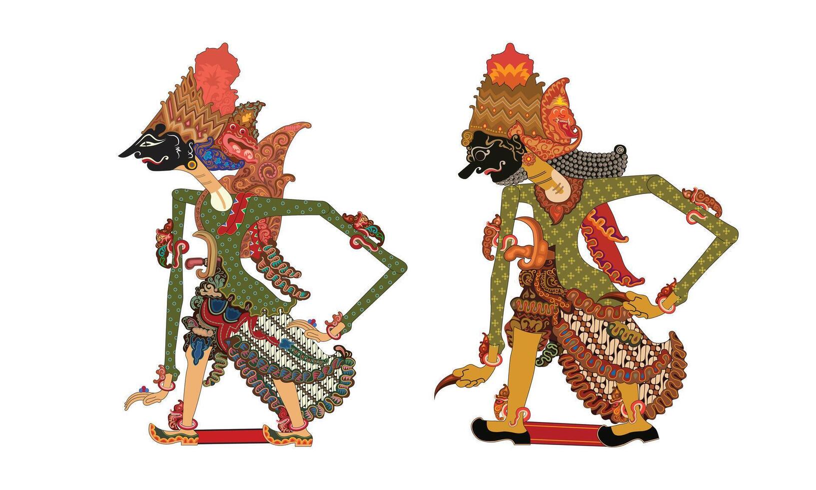 Set of Wayang Kulit Shadow Puppet From Java Indonesia, Batara Wisnu and Batara Bayu Illustration Character. vector