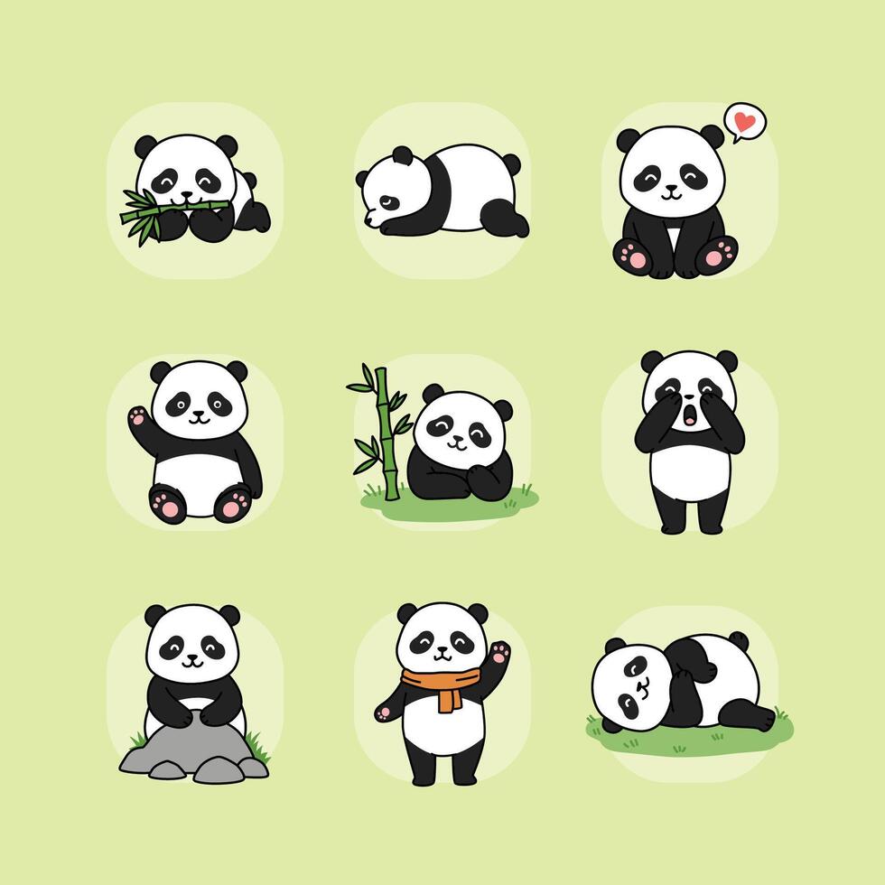 Nine Cute Cartoon Pandas in Playful Poses vector
