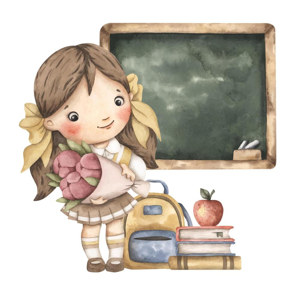 Back to school. Watercolor hand-drawn illustration with pretty girl student in yellow school uniform, stack of books, blackboard, apple and backpack. Cute school compositions for kids vector