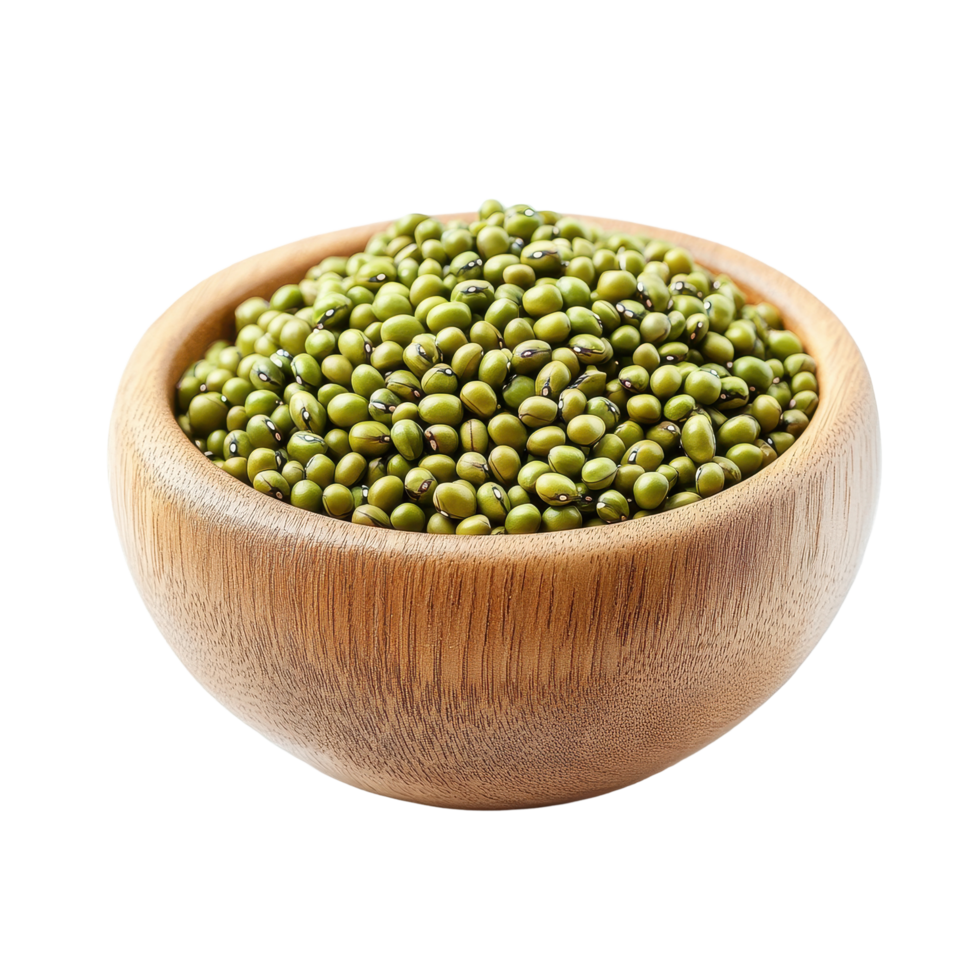 Mung beans in a wooden bowl on a Transparent background ready for cooking or sprouting, Mung beans in wood bowl isolated on background png