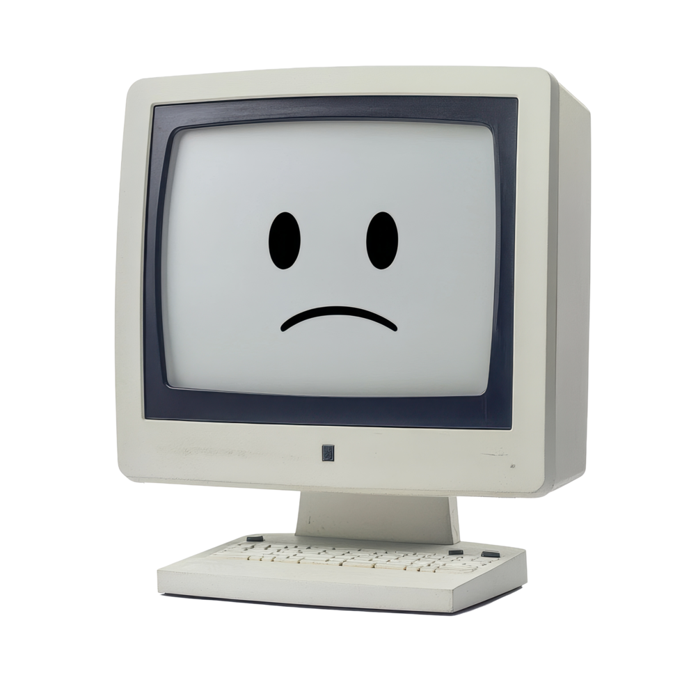 Computer display features a sad face on screen against a plain Transparent background, highlighting technical issues, computer with a sad face on the screen, background png