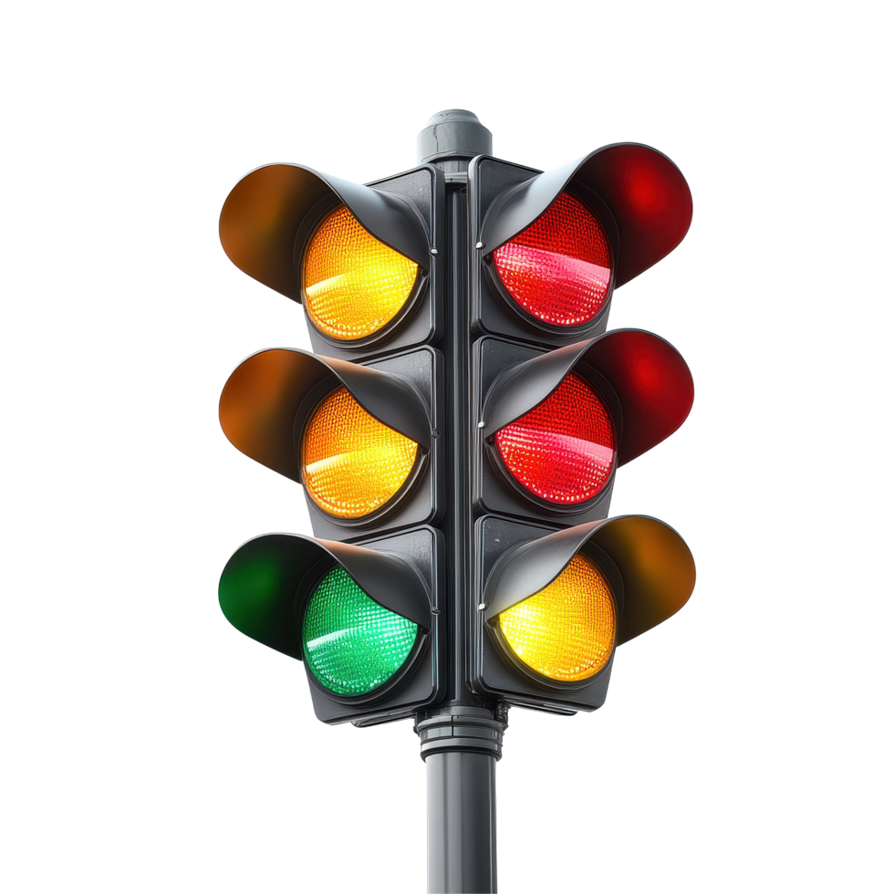 Traffic light displaying red, yellow, and green signals at an urban intersection during daylight hours, Traffic Light with Red, Yellow, and Green Lamps on Transparent background Road Signalization png
