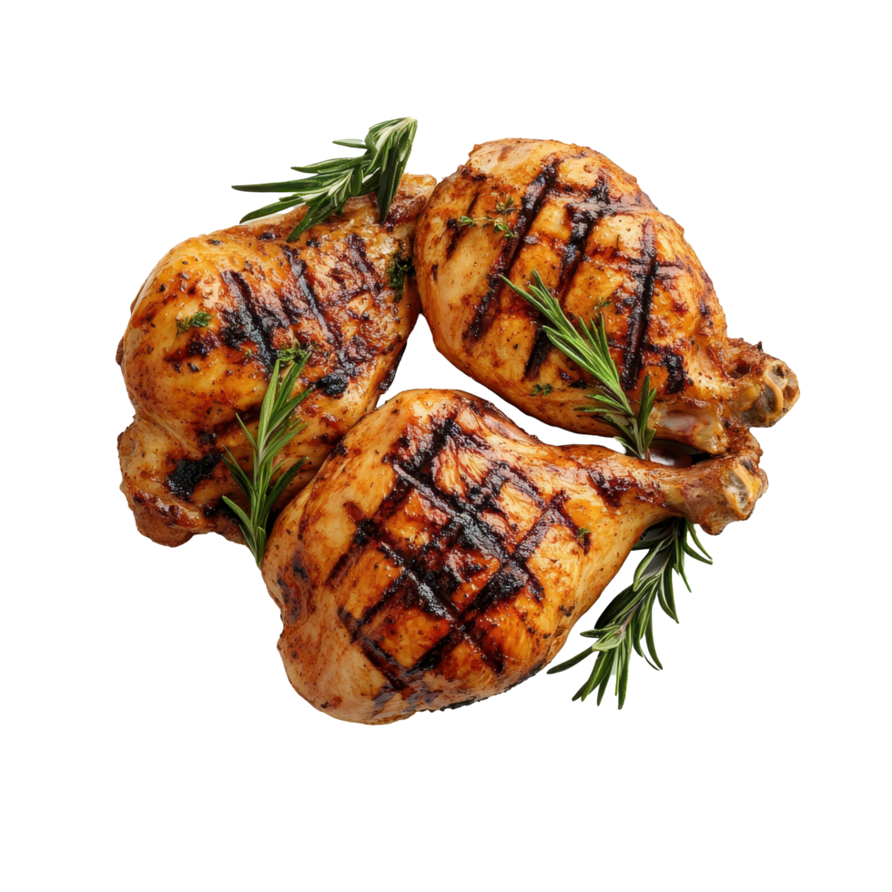 Whole grilled chicken plate served with fresh rosemary on Transparent background, Whole grilled chicken plate isolated on background png