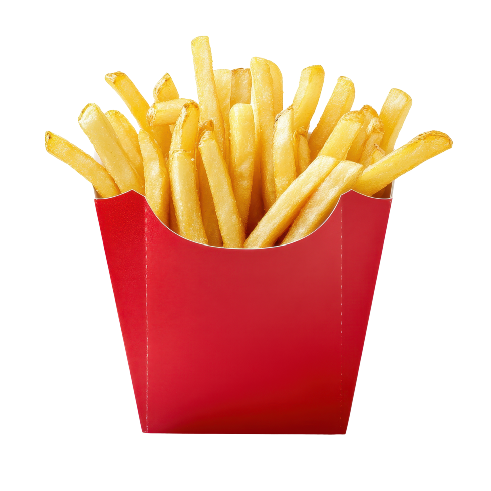 Crispy golden French fries served in a red container for a delicious fast food snack, French fries food fast food snack isolated lunch take out png