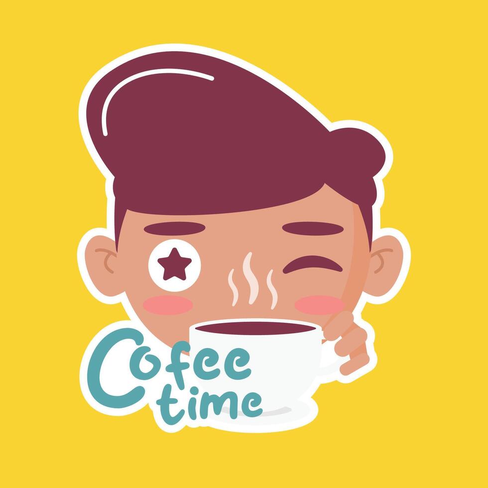 A cartoon boy with a cup of coffee on a yellow background vector