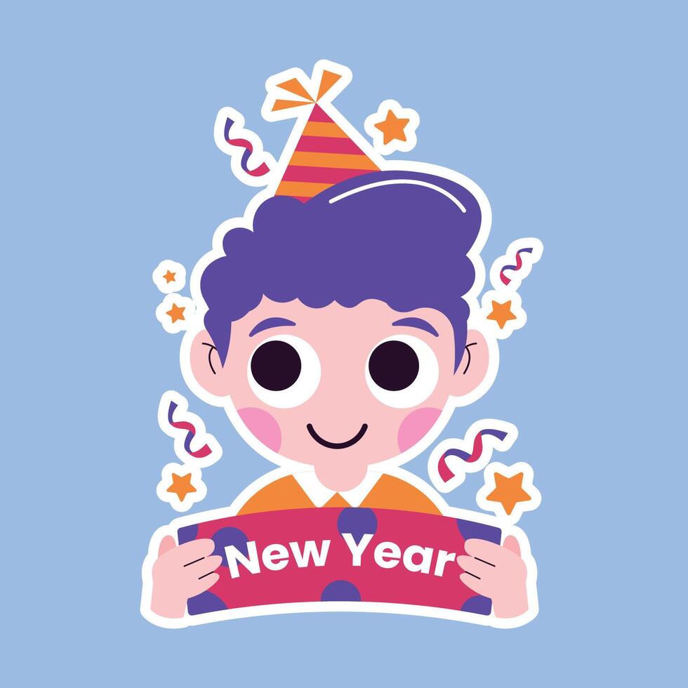 Happy new year boy holding a new year banner illustration vector