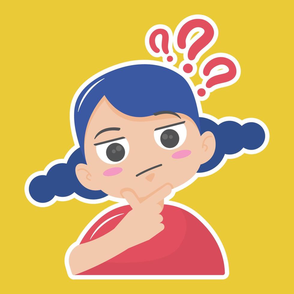 Cartoon girl with question marks on her head vector