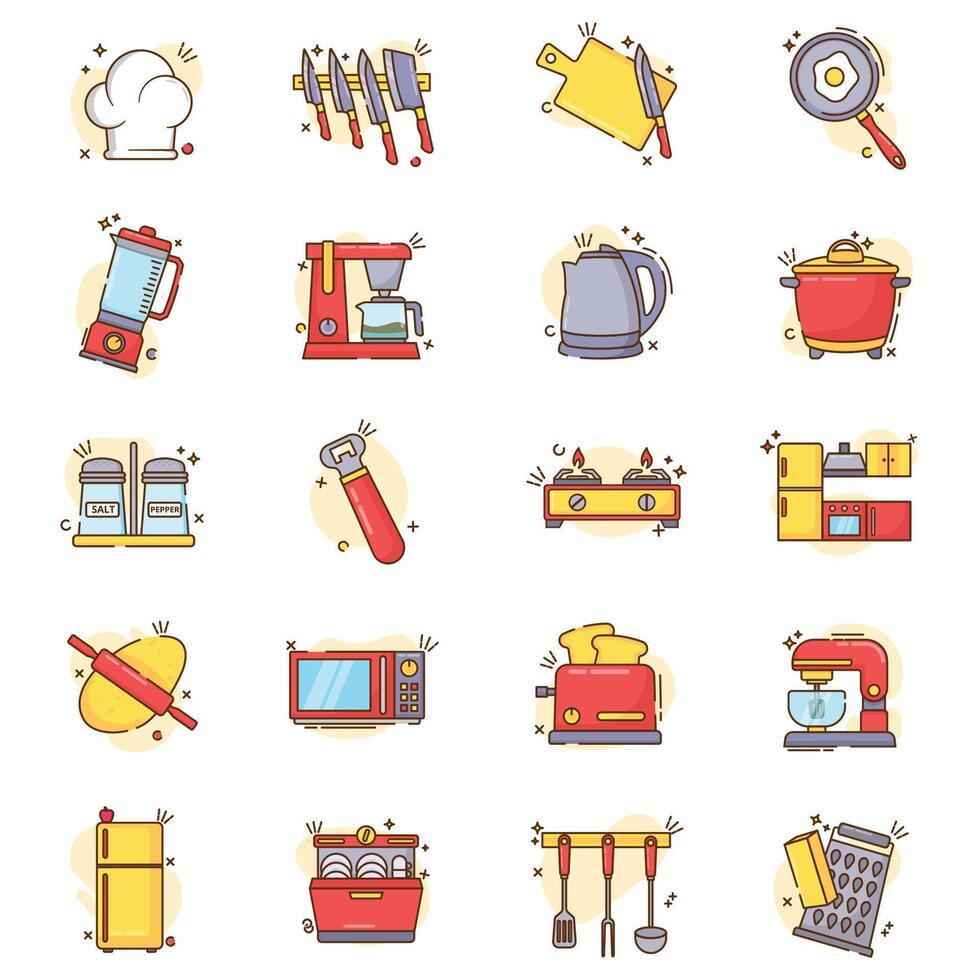 set of kitchen cartoon style icons, all related to cooking and kitchen items. vector