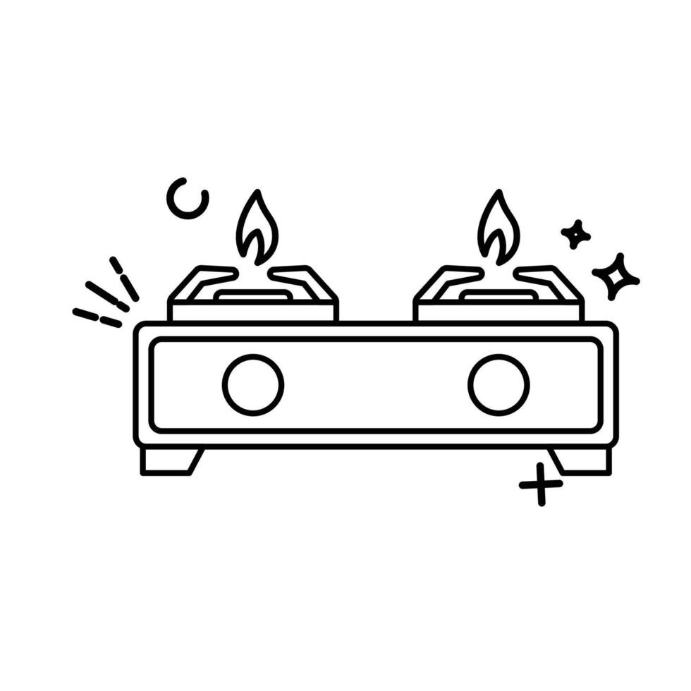 The image shows a cartoon illustration of a two-burner gas stove. The stove has a yellow body with a red outline and base vector