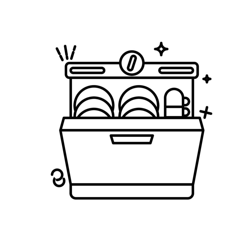 The image shows a cartoon illustration of an open dishwasher, filled with clean dishes vector