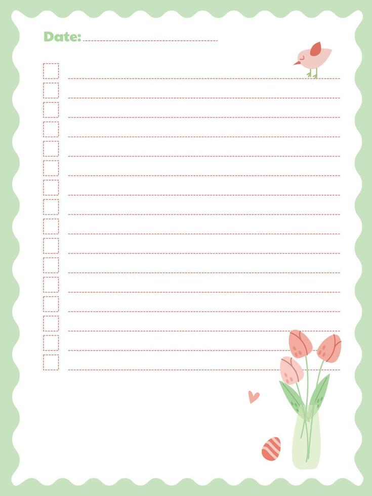Notebook page template with a bouquet of flowers, Easter egg and bird vector