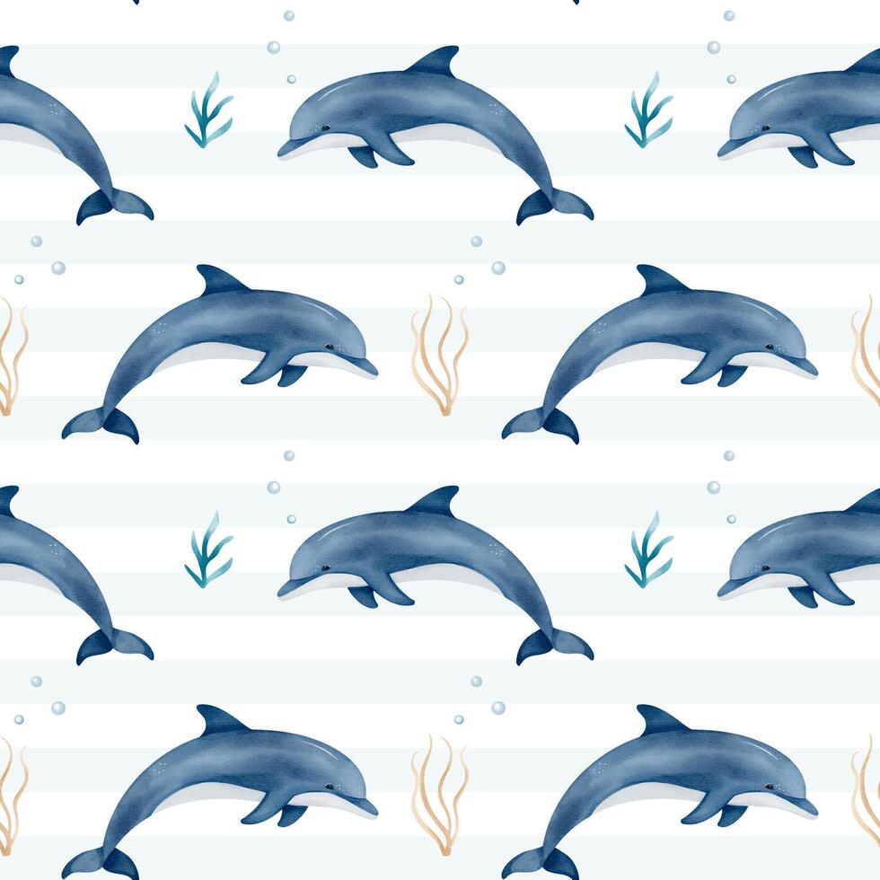 Seamless pattern with watercolor dolphin. Cute marine animals watercolor pattern. Hand drawn background with underwater characters. vector