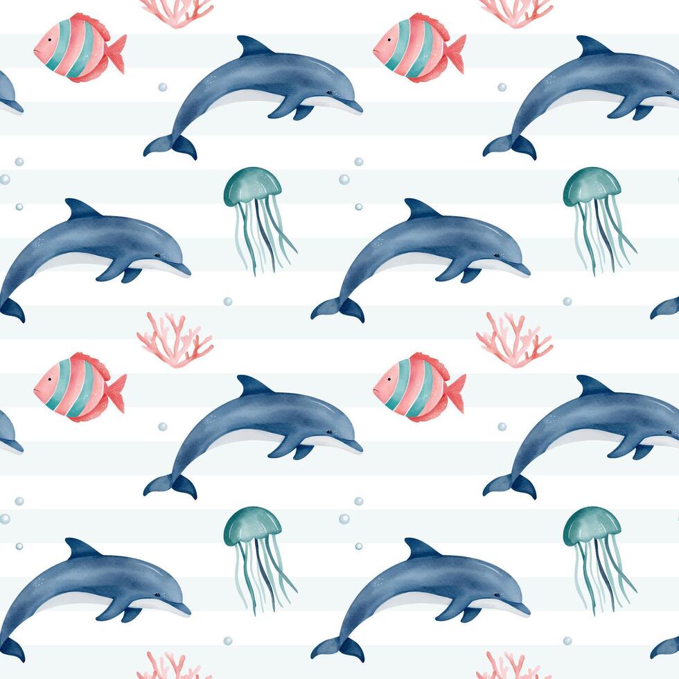Seamless pattern with watercolor dolphin and tropical fish. Hand drawn marine animals pattern. Underwater characters. vector