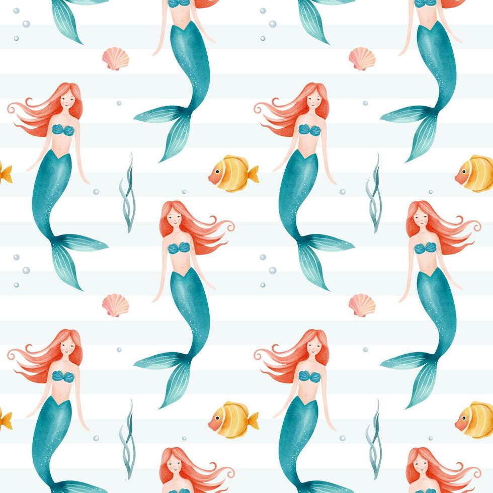 Seamless pattern with watercolor mermaid and fish. Hand drawn undersea childish texture. Underwater characters. vector