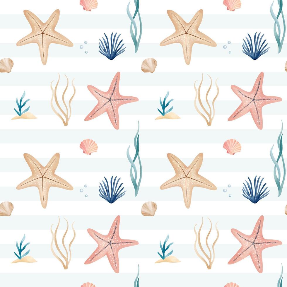 Seamless pattern with watercolor starfish and shells. Hand drawn marine animals pattern. Underwater elements. vector