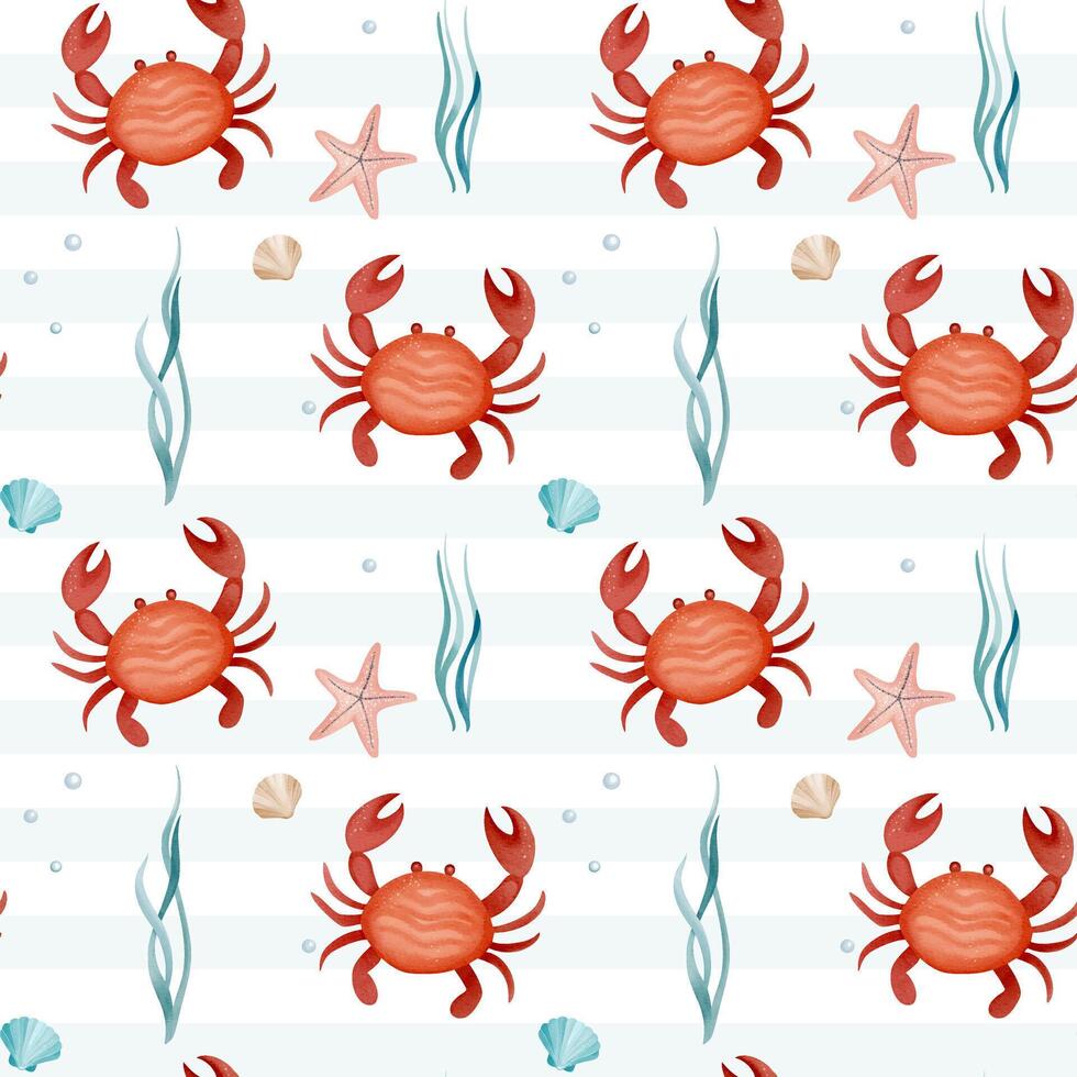 Seamless pattern with watercolor crab. Hand drawn marine animals pattern. Underwater characters. vector