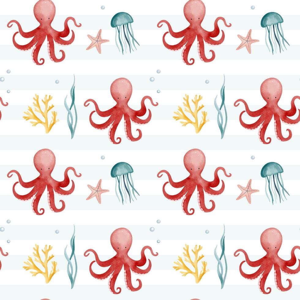 Seamless pattern with watercolor octopus. Hand drawn marine animals pattern. Underwater characters. vector