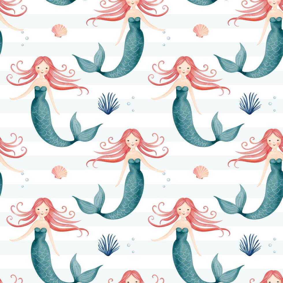 Seamless pattern with watercolor mermaid. Hand drawn undersea childish texture. Underwater characters. Marine animals background vector