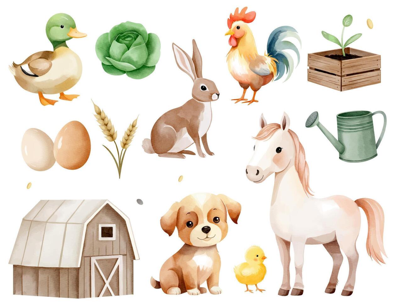 Watercolor set of farm elements. Animals on the farm. Barn, vegetables, eggs, puppy, rabbit, horse, duck, rooster. vector