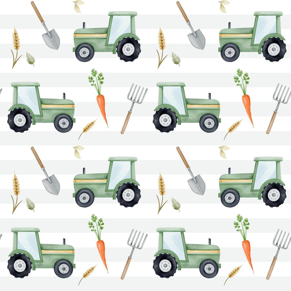 Seamless pattern with watercolor tractor and vegetables. Farm pattern. Agricultural watercolor background vector