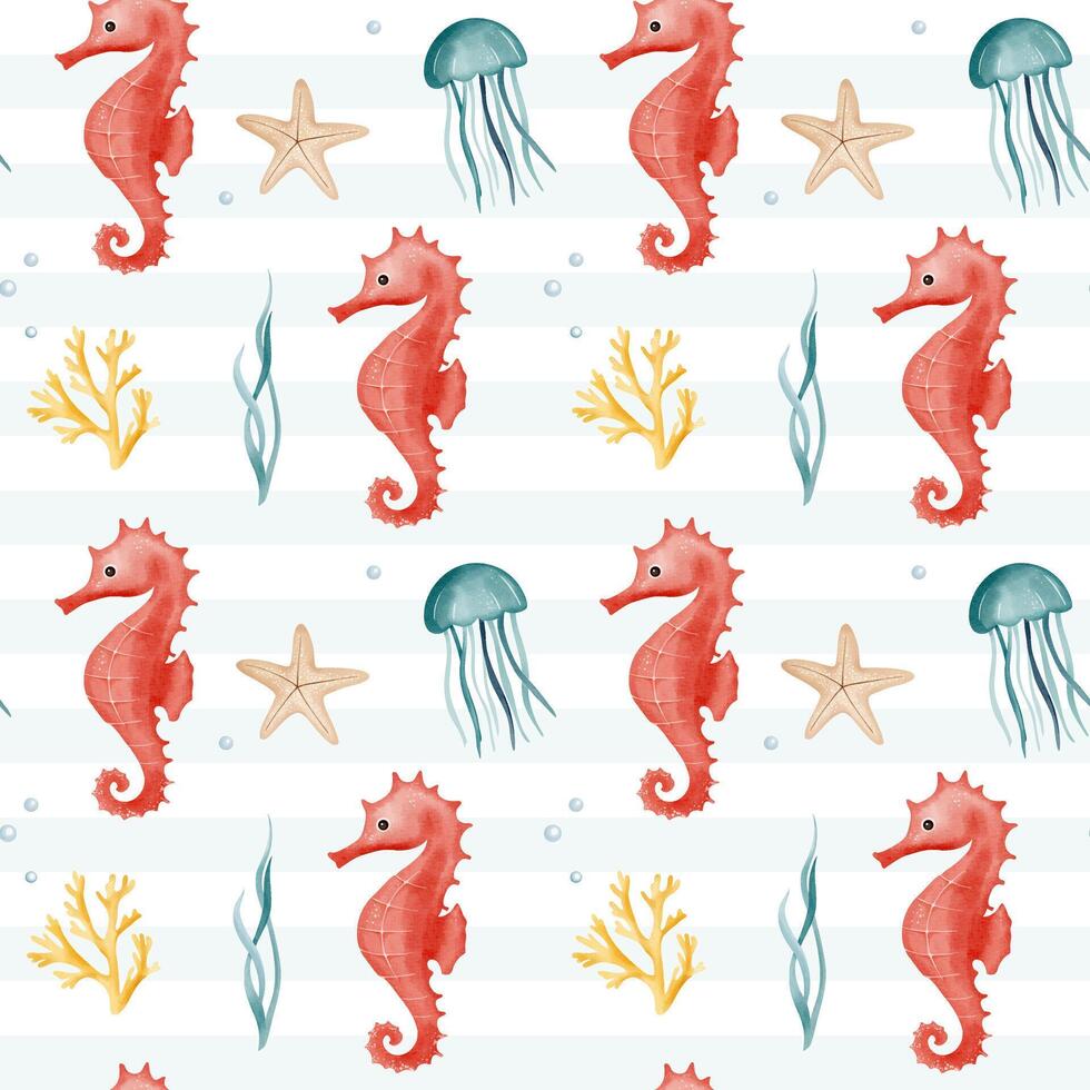 Seamless pattern with watercolor sea horse. Hand drawn marine animals pattern. Underwater characters vector