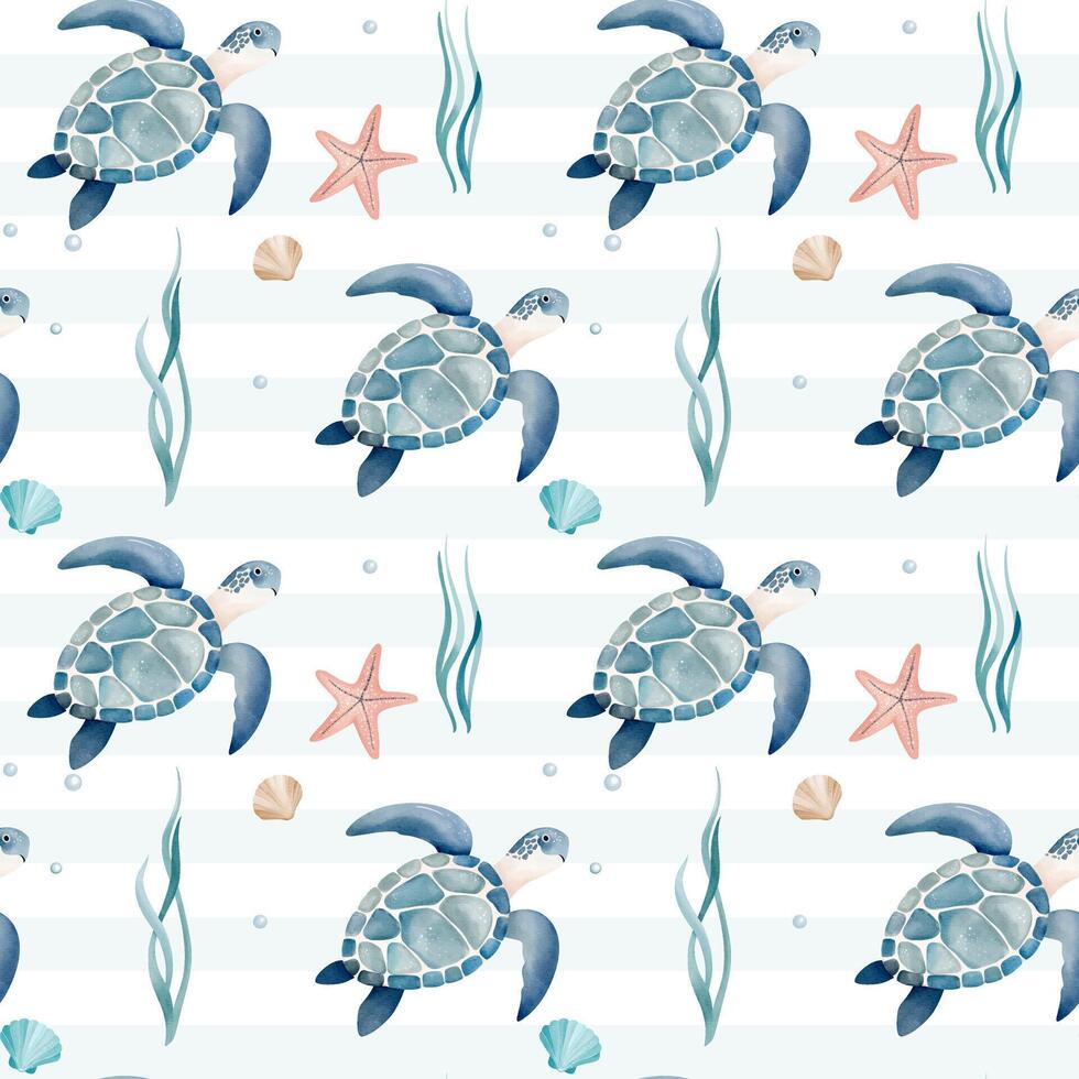 Seamless pattern with watercolor turtle. Hand drawn marine animals pattern. Underwater characters. vector