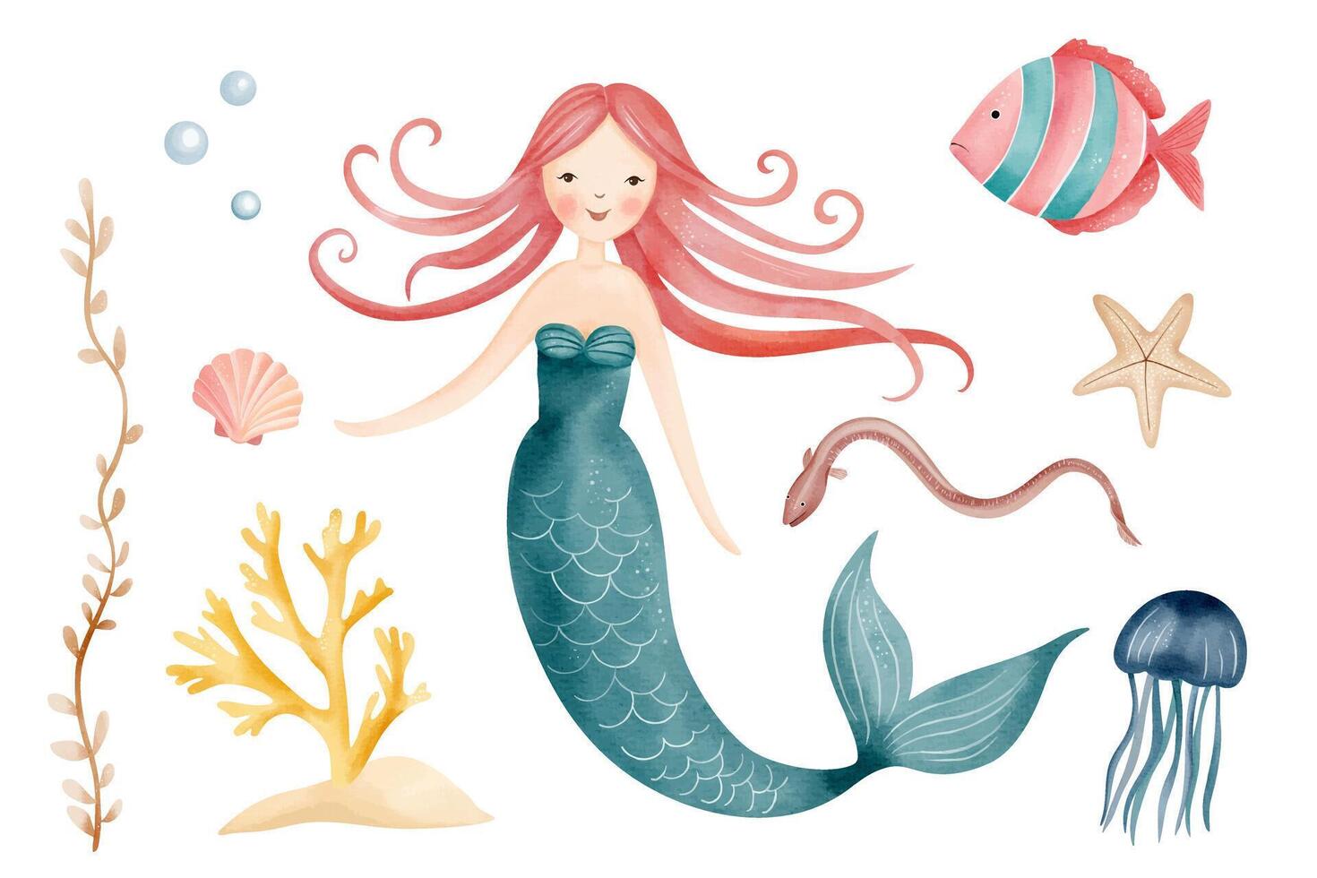 Watercolor cute mermaid, fish, jellyfish, corals. Fairytale sea characters. Water inhabitants. Hand drawn underwater sea life vector