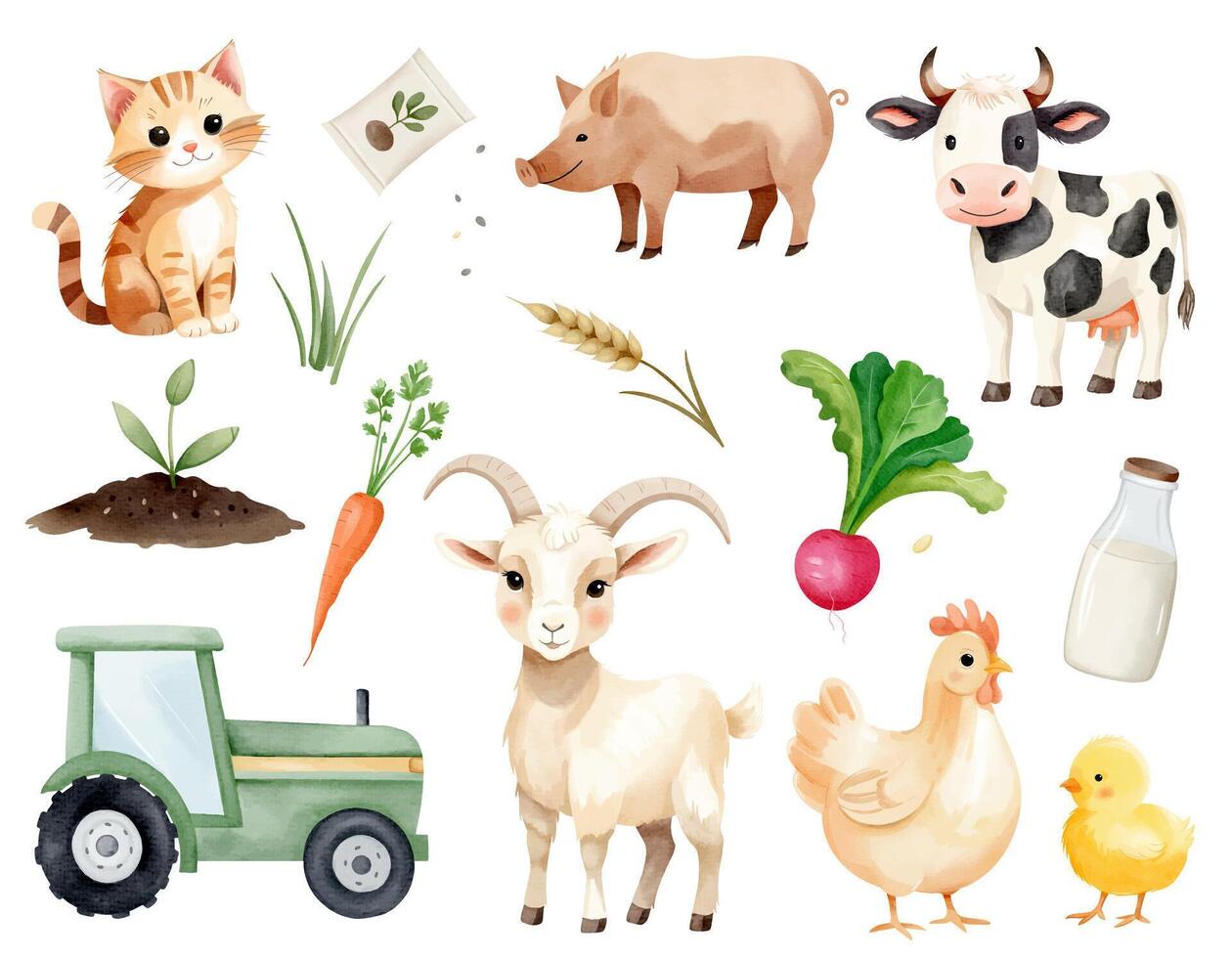 Watercolor set of farm elements. Animals on the farm. Tractor, vegetables, milk, cat, cow, pig, goat, chicken with chick. vector