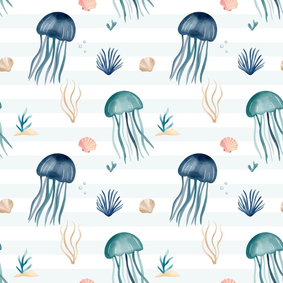 Seamless pattern with watercolor jellyfish. Hand drawn marine animals pattern. Underwater characters. vector