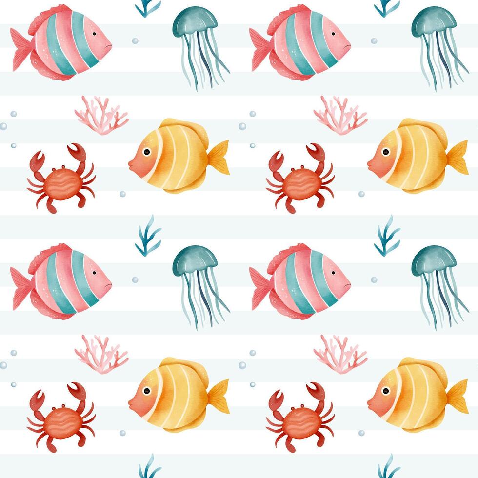 Seamless pattern with watercolor tropical fish. Hand drawn marine animals pattern. Underwater characters. vector