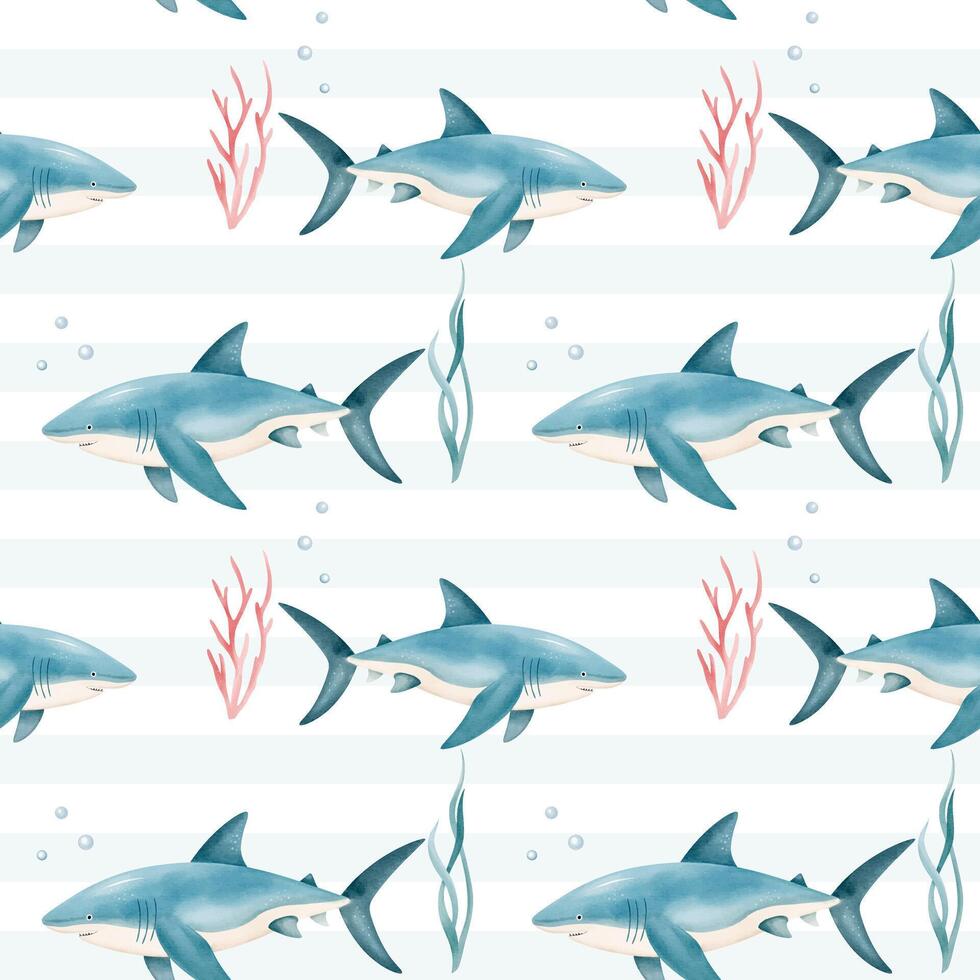 Seamless pattern with watercolor shark. Cute marine animals watercolor pattern. Hand drawn background with underwater characters. vector