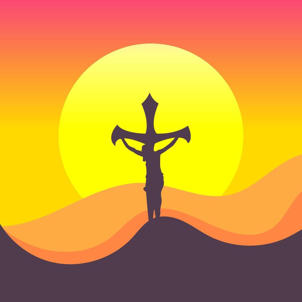 Sunset Silhouette Jesus Christ on Cross, Hilltop, Divine Light vector