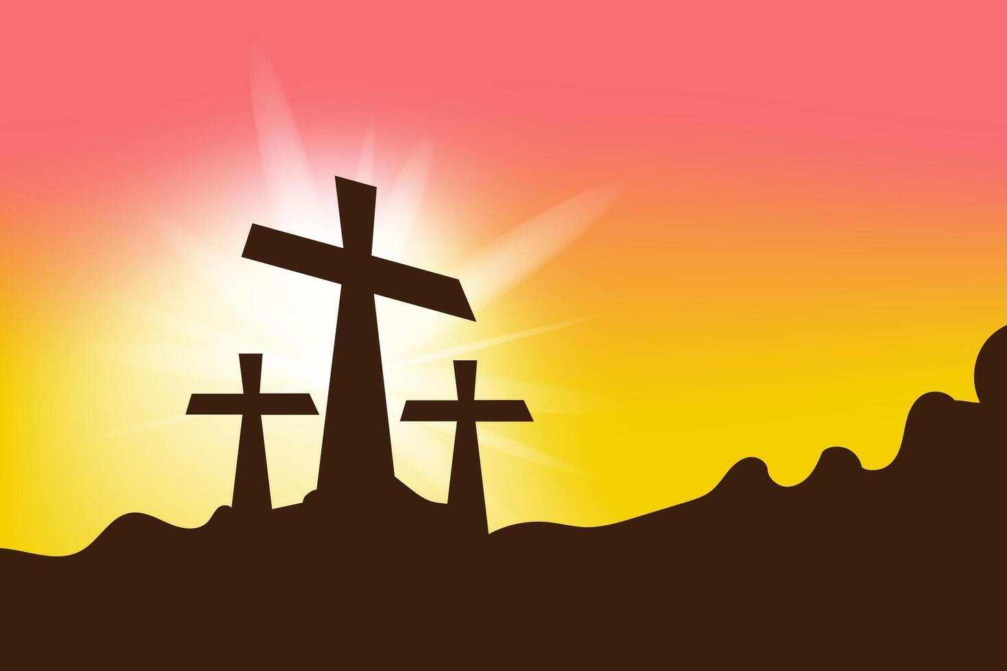 Sunrise Silhouette Three Crosses on Hill, Easter, Resurrection, Faith vector