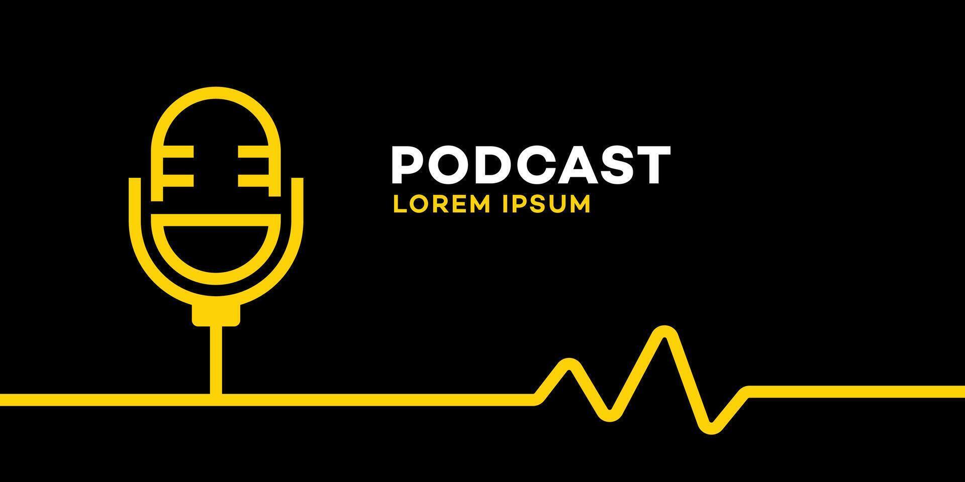 Podcast Logo Design Yellow Microphone, Audio Waves, Black Background vector