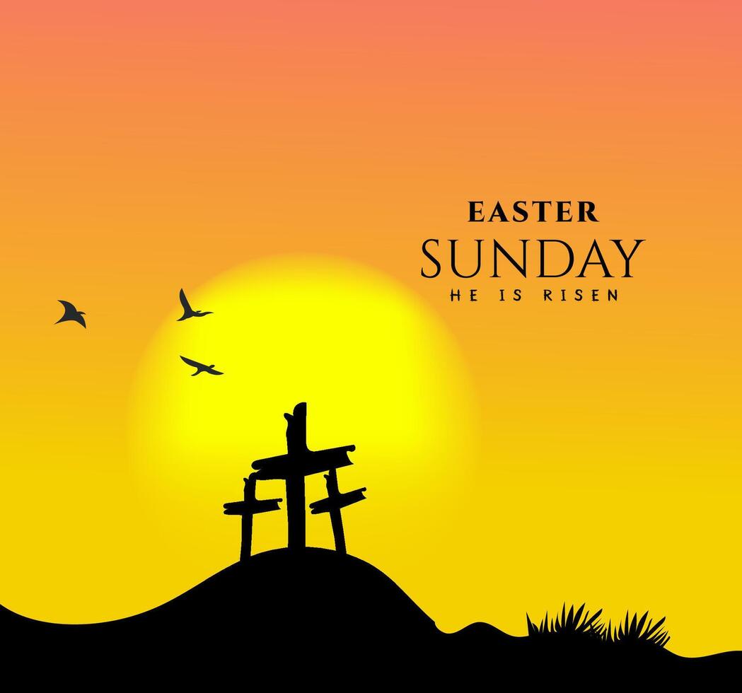 Easter Sunday Sunrise He Is Risen, Cross Silhouette, Birds vector
