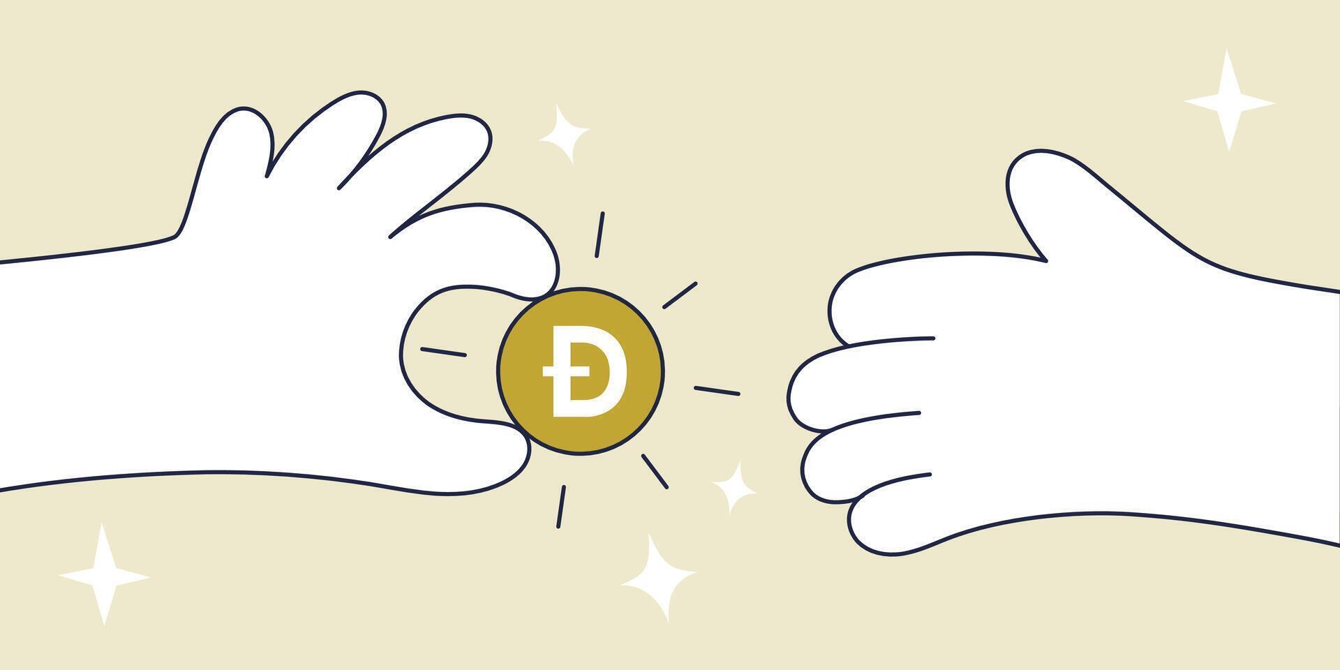 Illustration of a Doge DOGE Transaction Hands Exchanging a Brown Cryptocurrency Token, Symbolizing Digital Payments and Blockchain Technology. vector